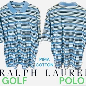 RALPH LAUREN POLO GOLF PIMA COTTON BLUE/YELLOW/WHITE LARGE MENS POLO SHIRT NICE!